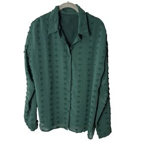 Women's Blouse Size XL Top Long Sleeves Green Textured Lined Bodice Button Up